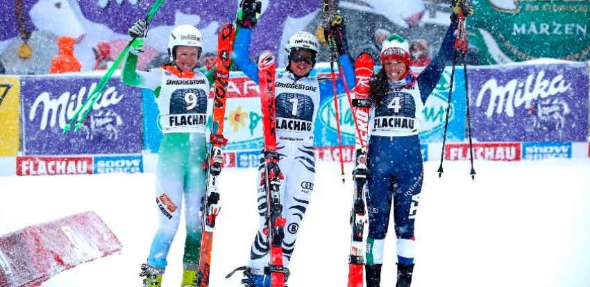 Federica Brignone celebrates on podium in Flachau and dreaming of Cortina